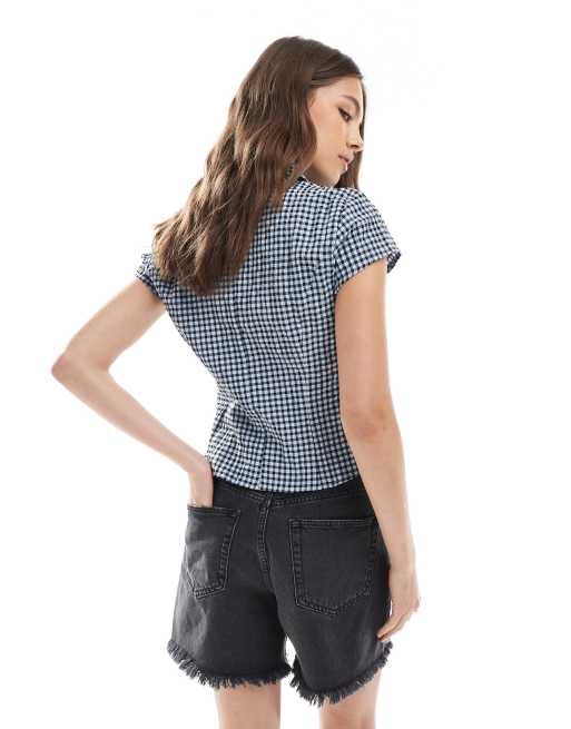 ASOS DESIGN plunge detail cinched shirt in gingham