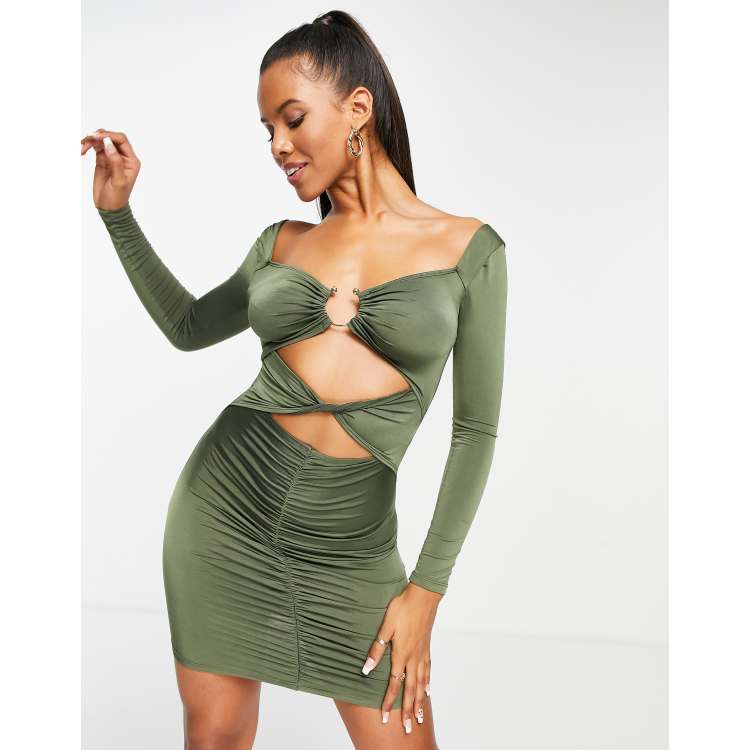 chinese dress ladies Skinny Long Sleeve Ruched Mini Dress