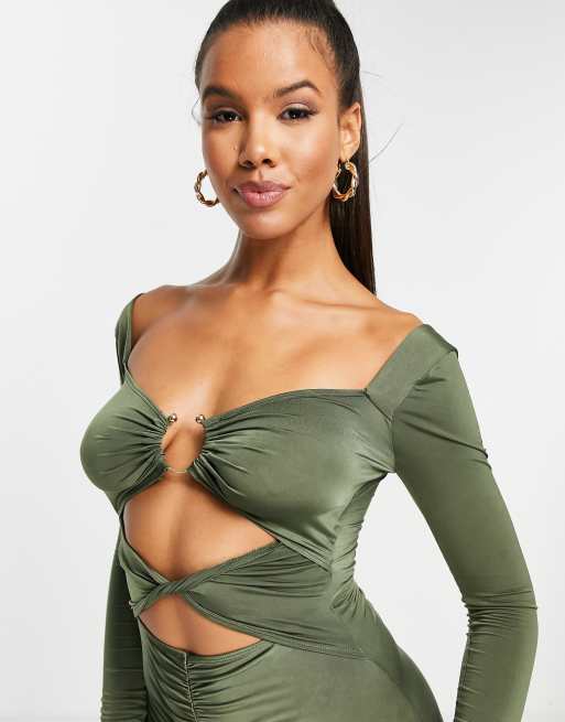 ASOS DESIGN plunge double ring ruched long sleeve mini dress in