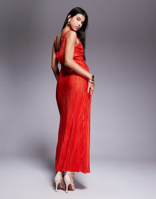 ASOS DESIGN plunge drape plisse maxi dress in orange, 3 of 4