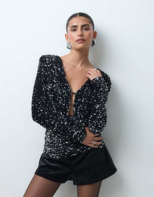 ASOS DESIGN plunge drape velvet sequin top with shoulder pad in black and silver, 3 of 5