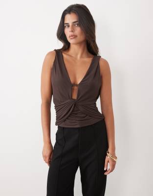 Asos Design Plunge Draped Mesh Top In Brown