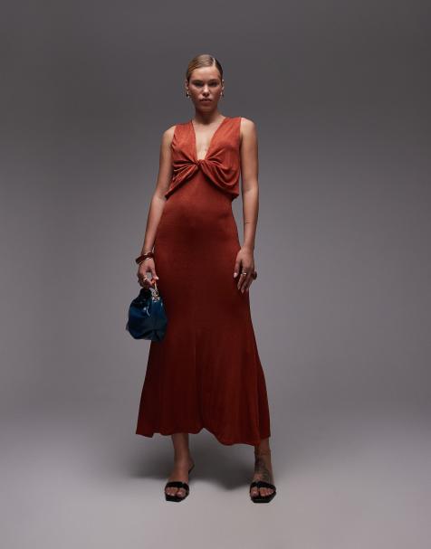 ASOS DESIGN plunge draped twist front maxi dress in rust - view 1