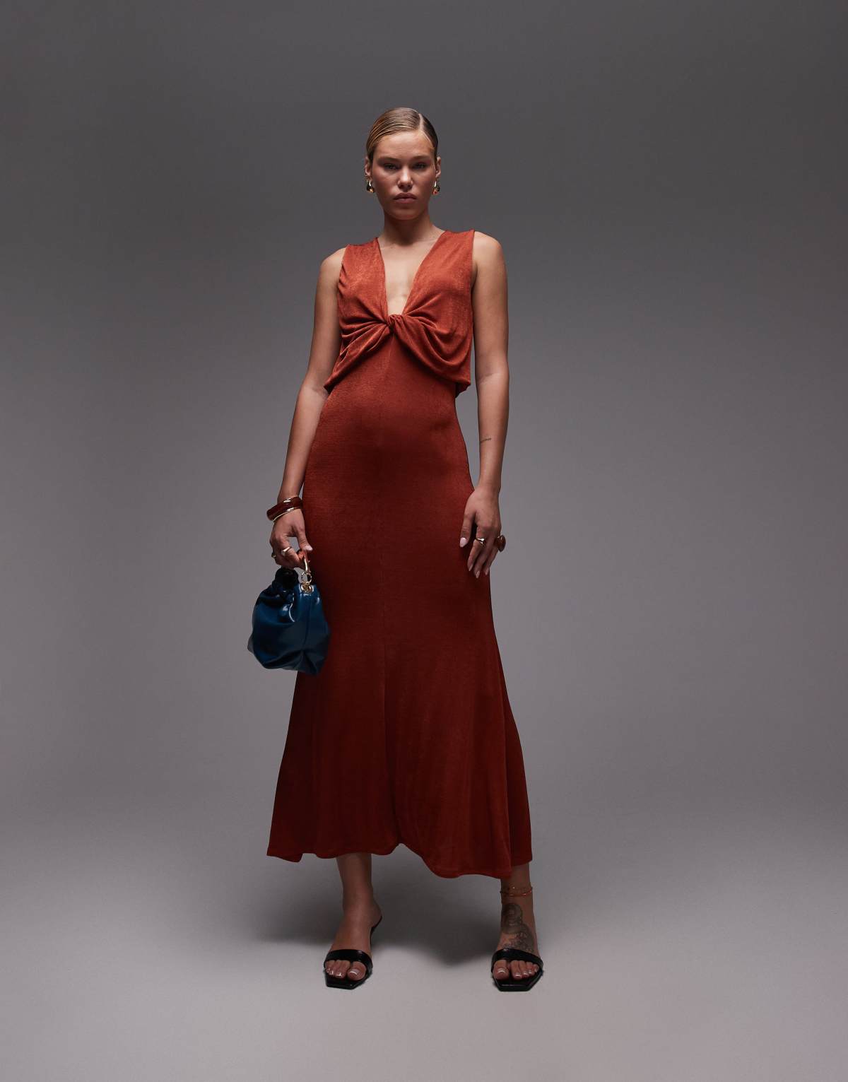 ASOS DESIGN plunge draped twist front maxi dress in rust