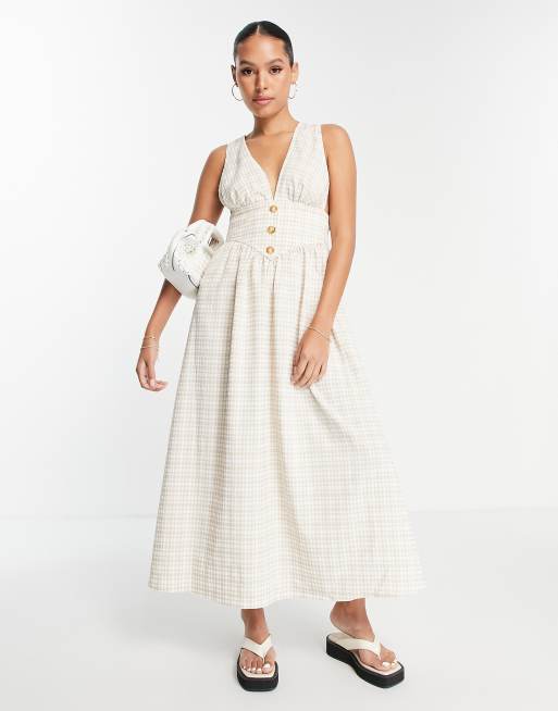 ASOS DESIGN plunge dungaree midi dress in neutral gingham ASOS