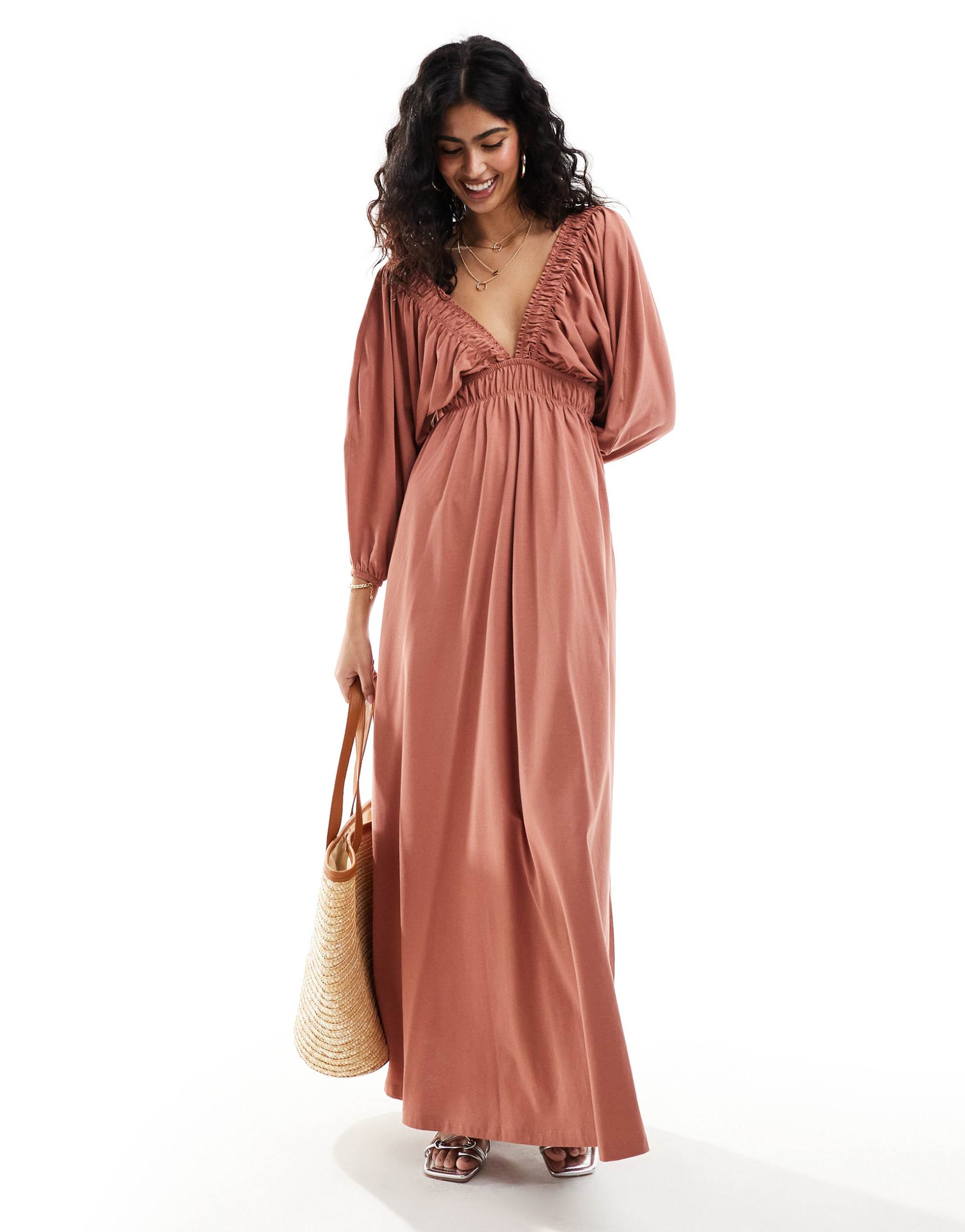 asos design plunge elastic tea maxi dress with ruched waist in rust