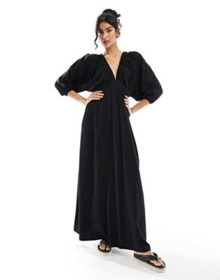 Asos Design Plunge Elastic Tea Midi Dress With Ruched Waist In Black
