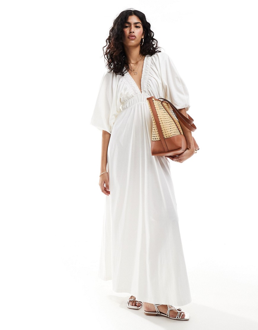 ASOS DESIGN plunge elastic tea midi dress with ruched waist in cream-White