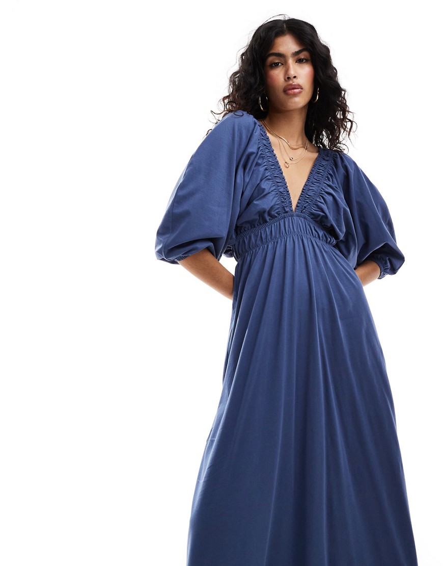 ASOS DESIGN plunge elastic tea midi dress with ruched waist in indigo blue-Multi