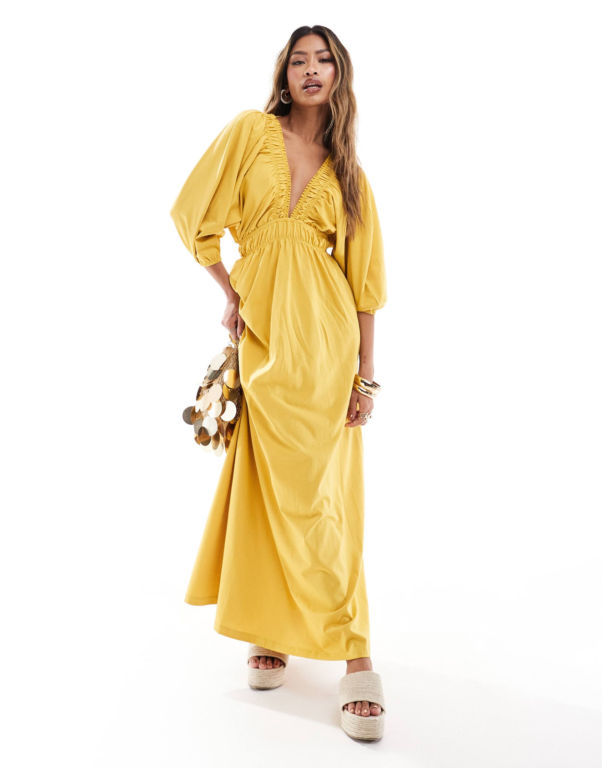 asos design plunge elastic tea midi dress with ruched waist in mustard