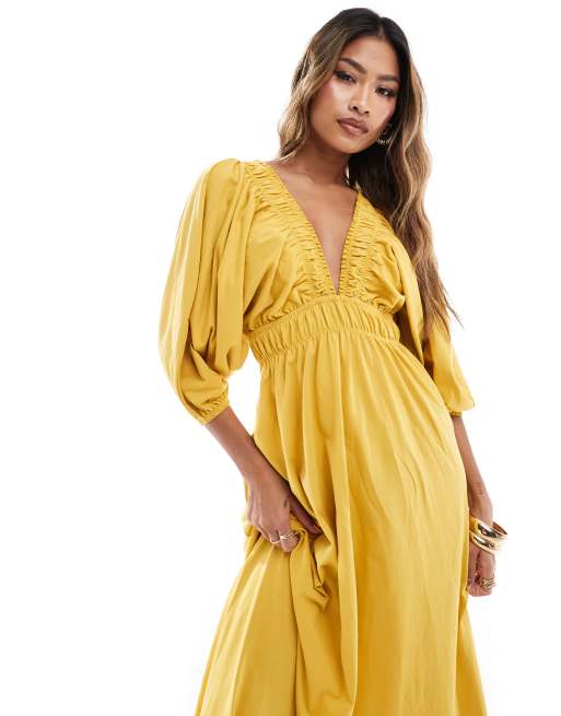 ASOS Design Plunge Elastic Tea Midi Dress with Ruched Waist in mustard Multi