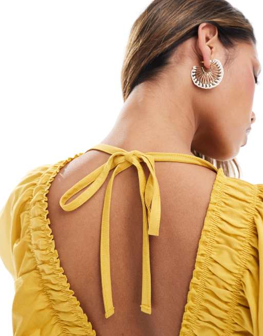 ASOS DESIGN plunge elastic tea midi dress with ruched waist in mustard, 3 of 4