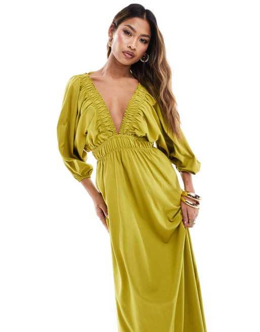 ASOS DESIGN plunge elastic tea midi dress with ruched waist in olive green ASOS