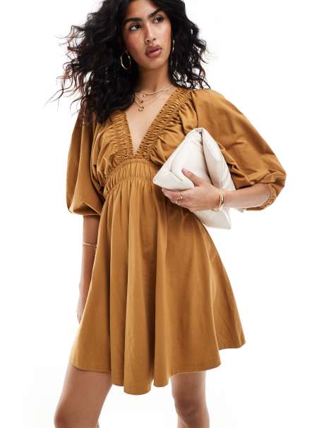 ASOS DESIGN plunge elastic tea mini dress with ruched waist in brown - view 1