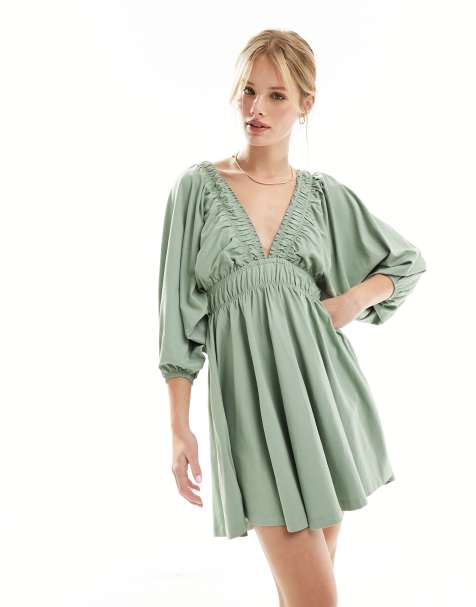 ASOS DESIGN plunge elastic tea mini dress with ruched waist in light green - view 1