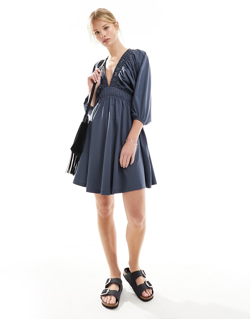 ASOS DESIGN plunge elastic tea mini dress with ruched waist in slate grey