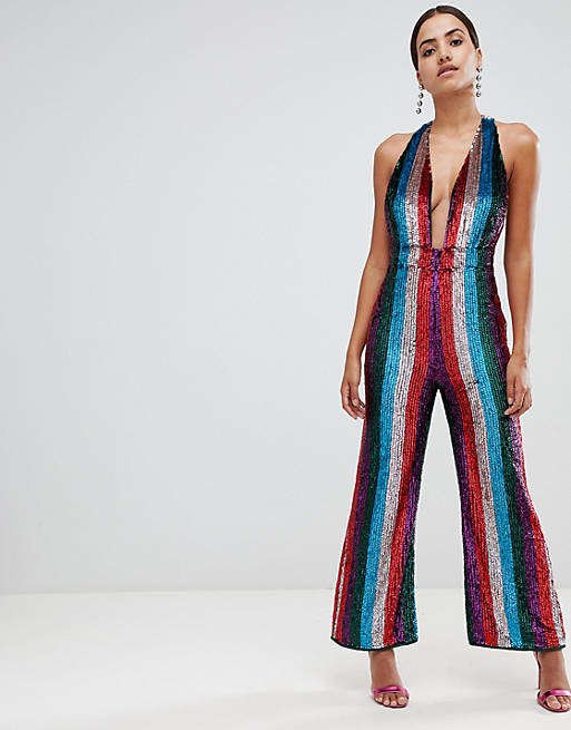 ASOS DESIGN plunge embellished jumpsuit in multi stripe | ASOS
