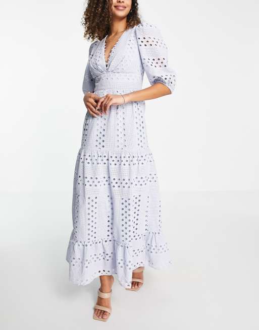ASOS DESIGN plunge eyelet tiered midi dress with button neck with blue