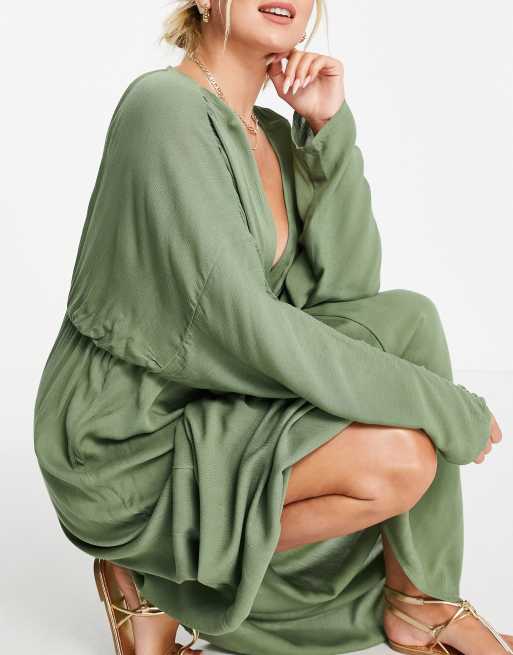 asos beach dresses DESIGN plunge front maxi dress in khaki Size:34/US2 VANITA LIGHT BLUE FITTED BLACK & GOLD