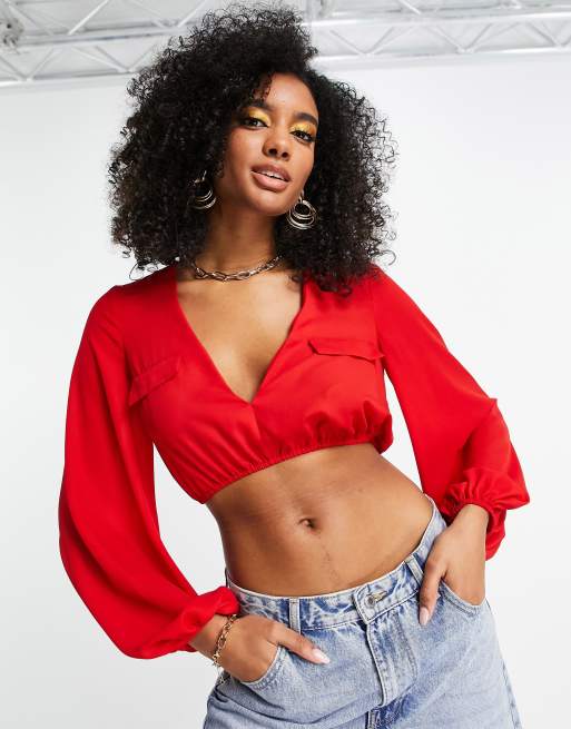 ASOS DESIGN plunge front blouse with pocket detail in red