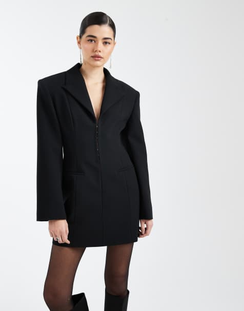 ASOS DESIGN plunge front cinched tailored dress in black - view 1