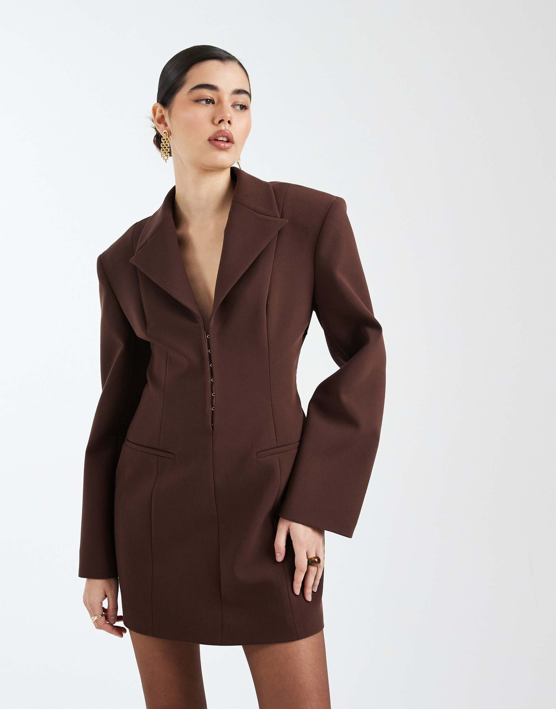 asos design plunge front cinched tailored dress in chocolate brown
