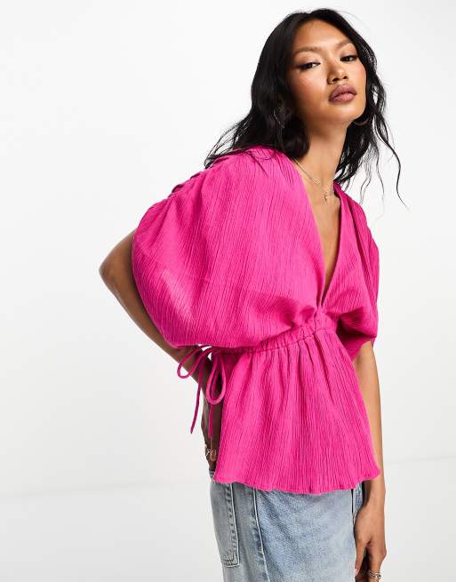 ASOS DESIGN plunge front crinkle top with tie side in bright pink | ASOS