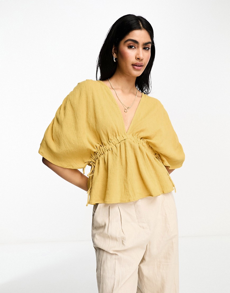 ASOS DESIGN plunge front crinkle top with tie side in ochre-Multi