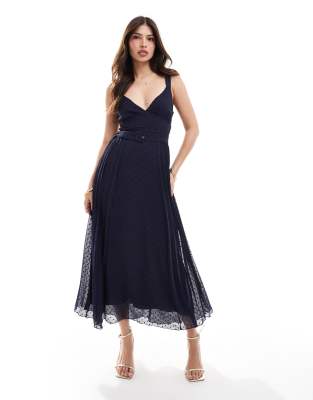 ASOS DESIGN ASOS DESIGN plunge front pleated midi dress with waist belt in navy-Multi