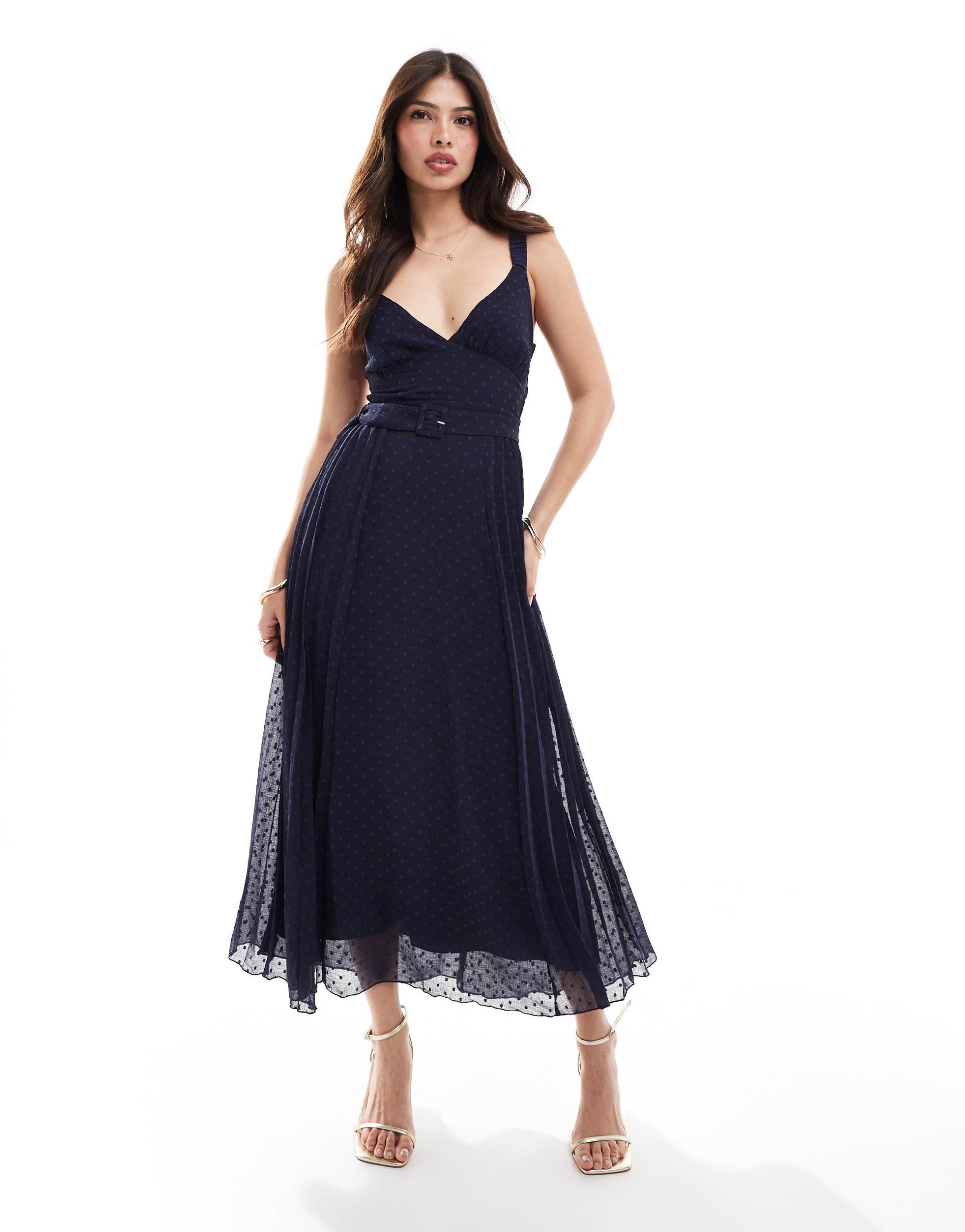 asos design plunge front pleated midi dress with waist belt in navy