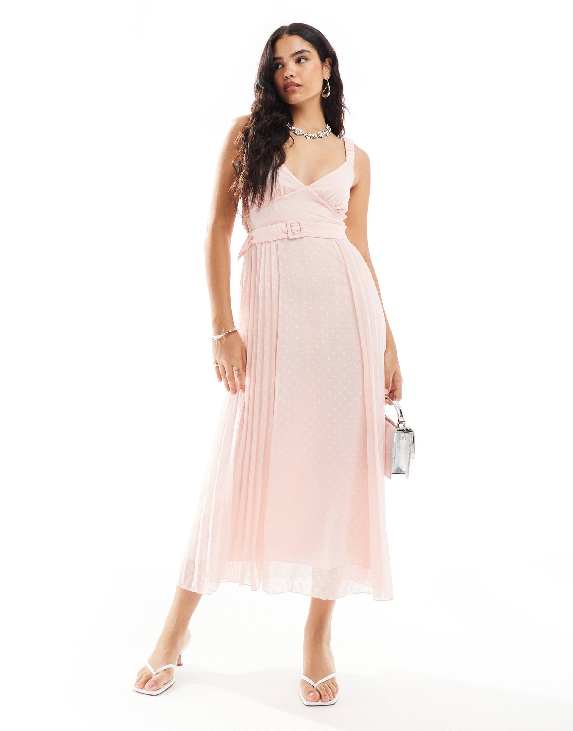 asos design plunge front pleated midi dress with waist belt in pastel pink