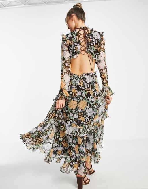 ASOS DESIGN plunge front ruffle printed floral midi dress with