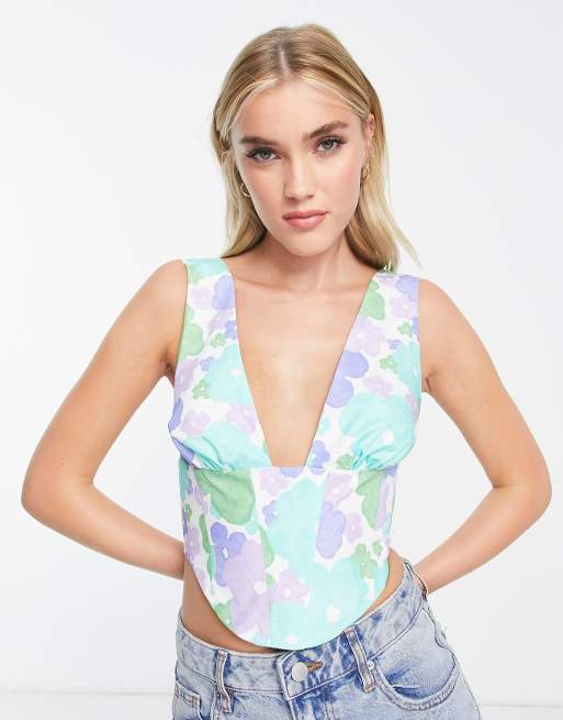 ASOS DESIGN plunge front top with corset waist in lilac & green