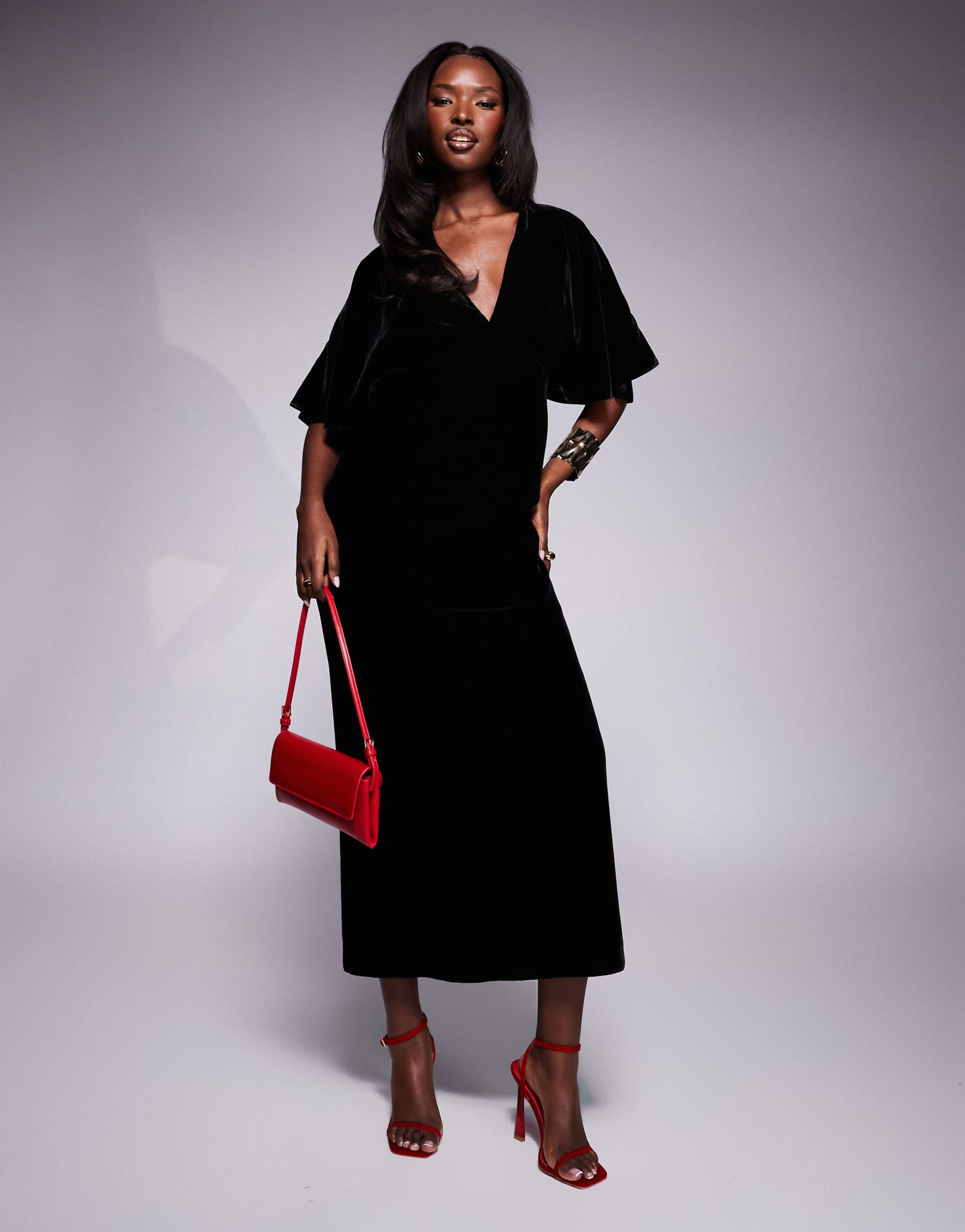 asos design plunge front velvet flutter sleeve midaxi dress in black