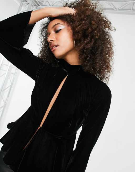 ASOS DESIGN plunge v neck shirt with split hem in black satin