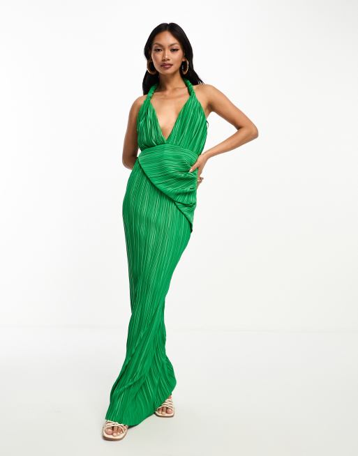 ASOS DESIGN plunge halter cowl back plisse maxi dress in green