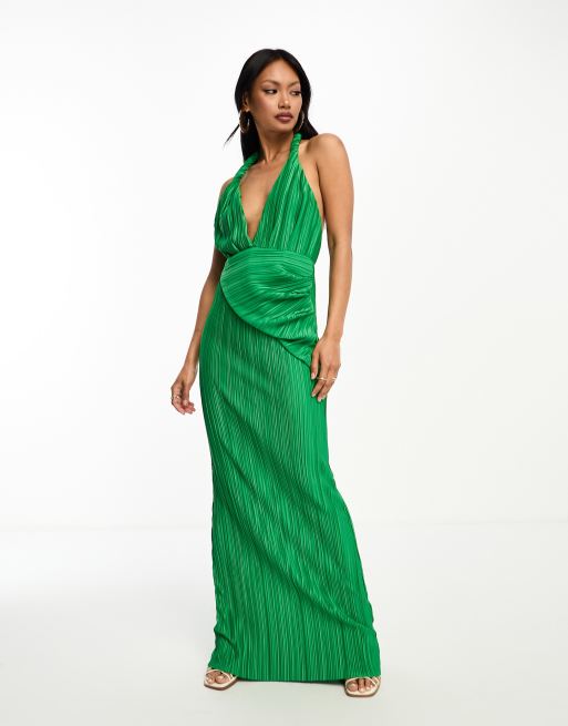 Asos design halter pleated store bow back maxi dress