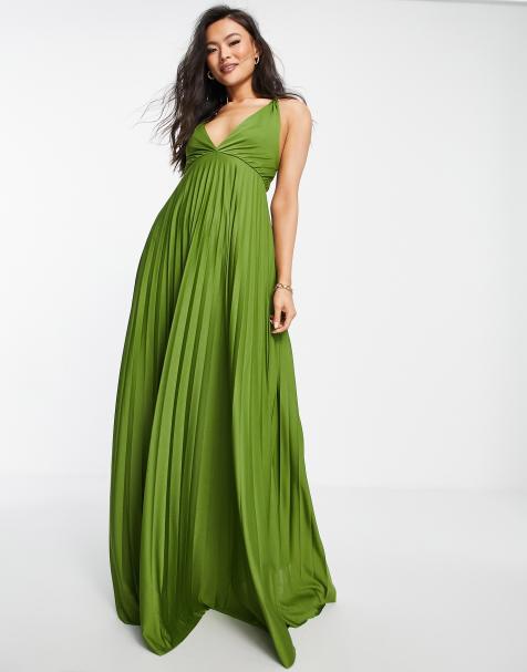 ASOS DESIGN plunge halter cross back self tie pleated maxi dress in Olive - view 1