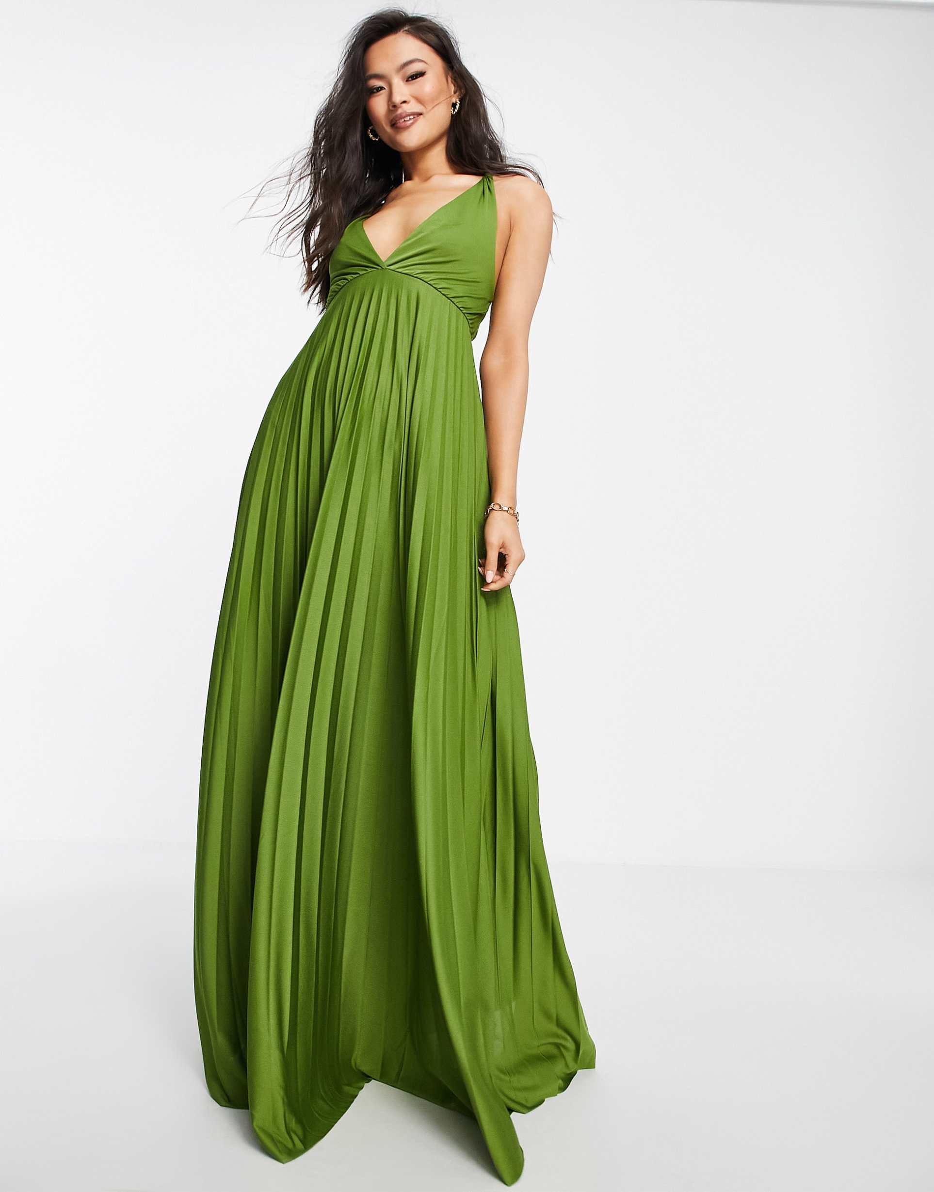 asos design plunge halter cross back self tie pleated maxi dress in olive