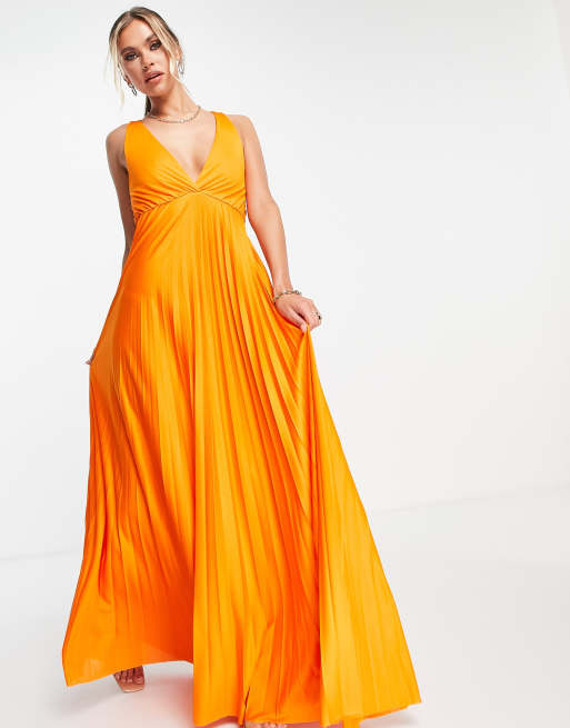 ASOS DESIGN plunge halter cross back self tie pleated maxi dress in orange