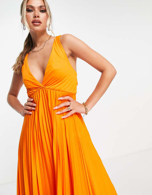 ASOS DESIGN plunge halter cross back self tie pleated maxi dress in orange