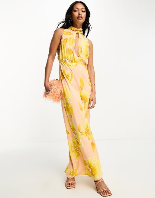 ASOS EDITION mesh halter sleeveless maxi dress with floral