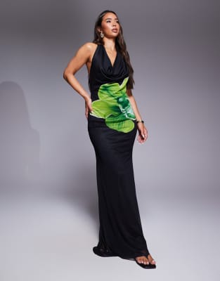 Asos Design Plunge Halter Maxi Dress With Lime Floral Placement Print-multi