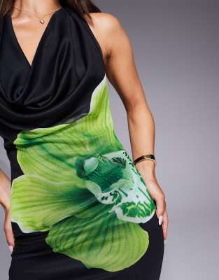 Asos Design Plunge Halter Maxi Dress With Lime Floral Placement Print-multi
