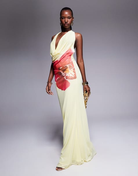 ASOS DESIGN plunge halter maxi dress with yellow and pink floral placement print - view 1