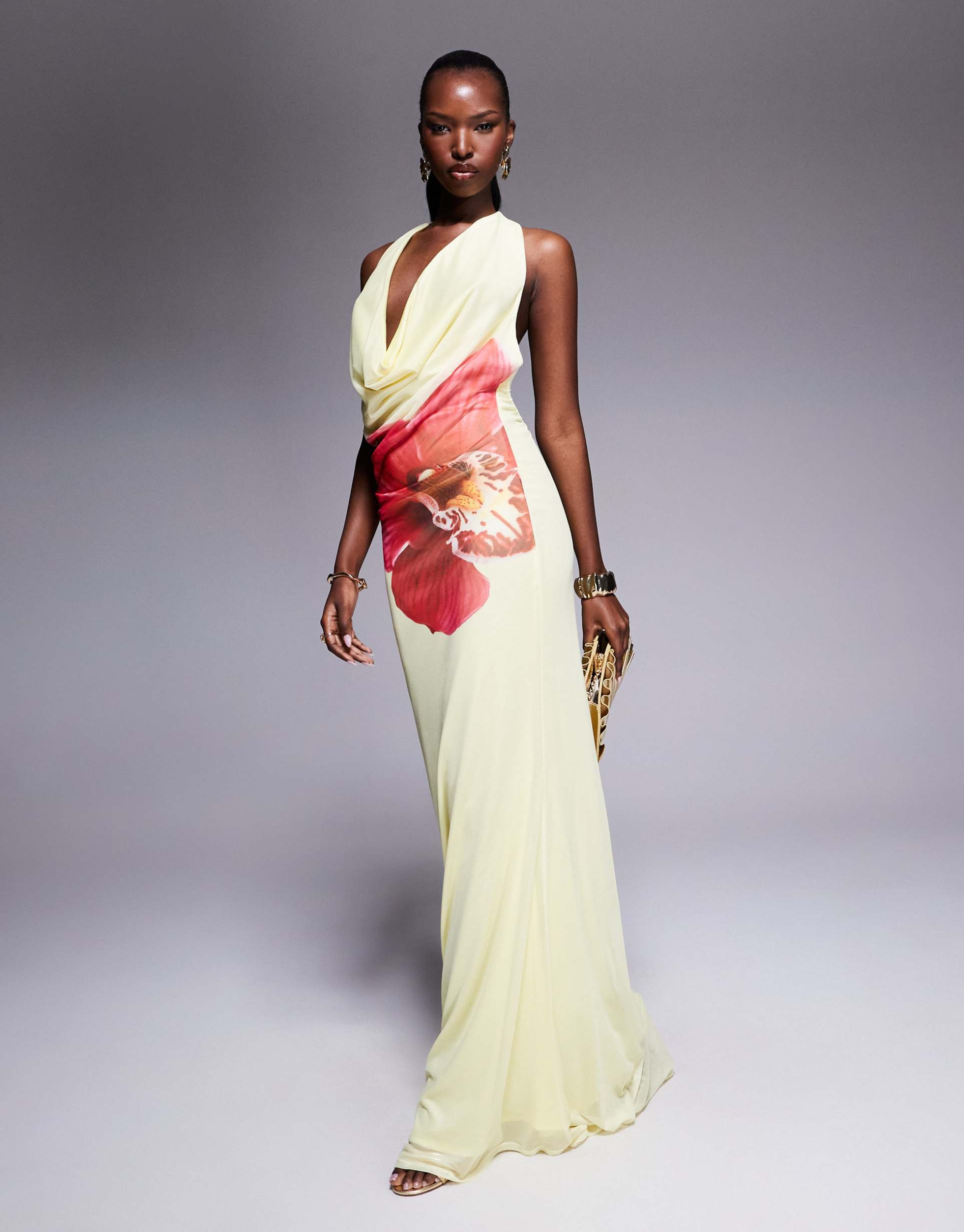 asos design plunge halter maxi dress with yellow and pink floral placement print