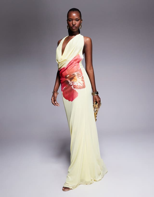 yellow and pink floral dress Renesmee Print Satin Maxi 45 length A-line Strapless Corset Yellow Floral