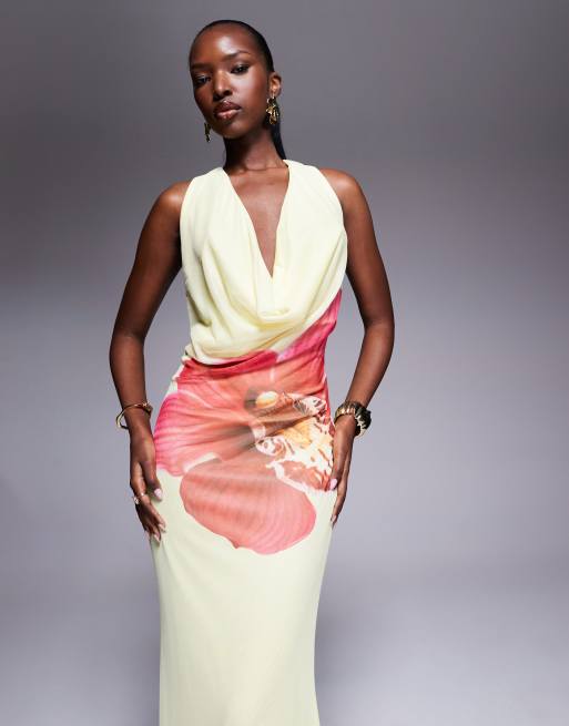 ASOS DESIGN plunge halter maxi dress with yellow and pink floral placement print