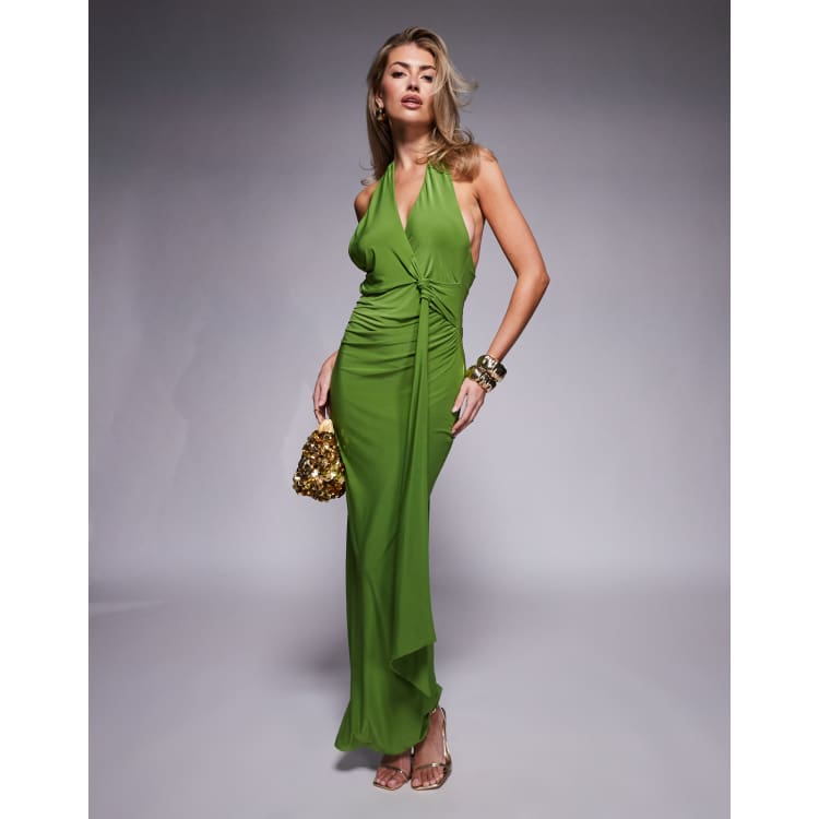 slim fit dress slacks Aura | Lime Green Halter-Neck Cut-Out Split Maxi Dress main image 0
