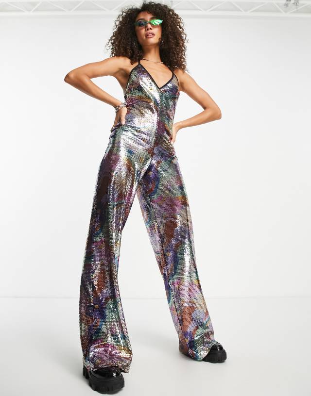 ASOS DESIGN - plunge halter neck jumpsuit with wide leg in printed sequin